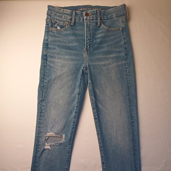 American Eagle Denim Jeans Size 4 Mid Rise Skinny Medium Light Wash Distressed - Picture 2 of 11
